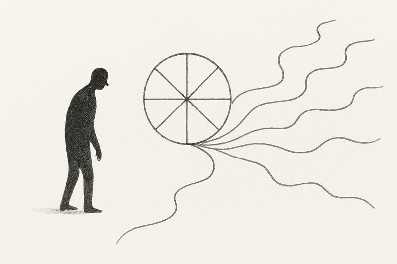 Silhouette hésitante devant une roue stylisée et des chemins multiples, exprimant le mélange d’anxiété et de clarté qu’apporte une règle simple et équitable.